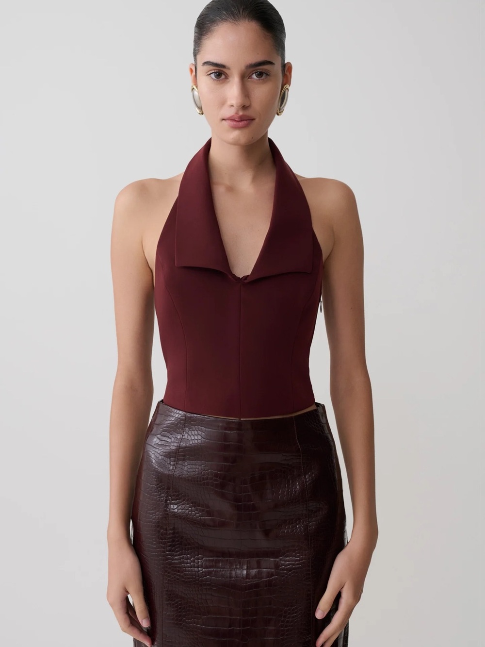 Meshki Sculpted Halter Bodysuit in Deep Burgundy